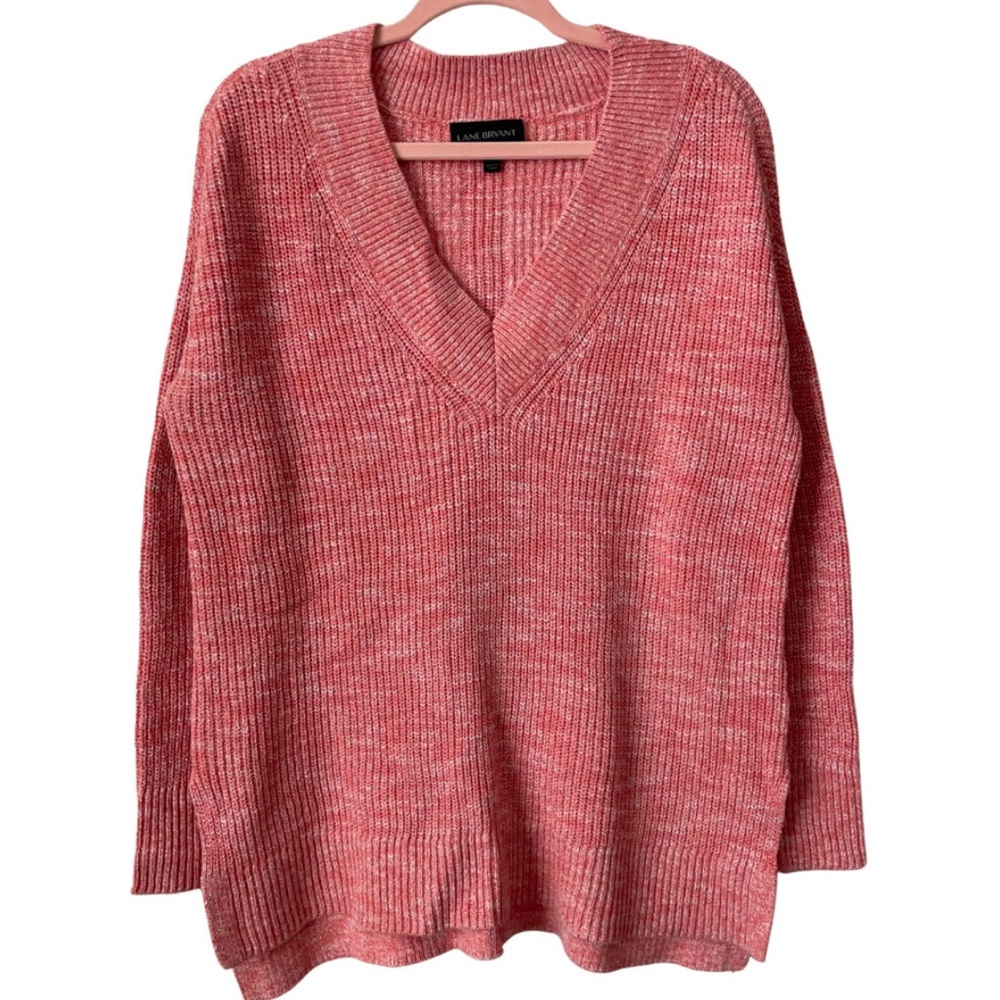 Lane Bryant Knit Tunic Sweater Plus Size 14 16 Peach Orange White Ribbed V Neck